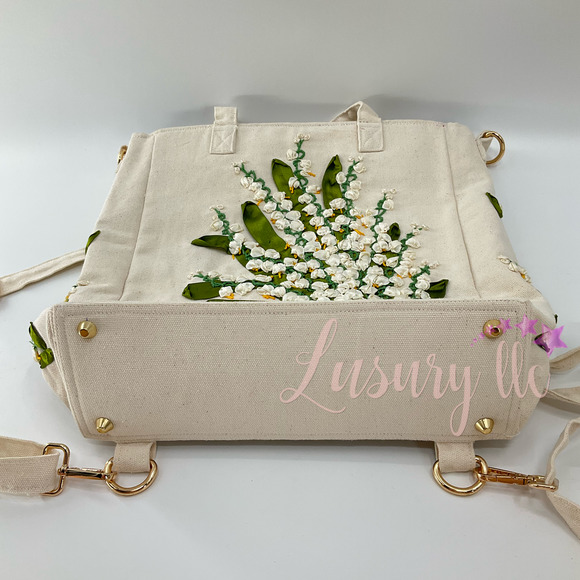 Lily Of The Valey Embroidery Convertible Backpack Tote Crossbody Bag, White